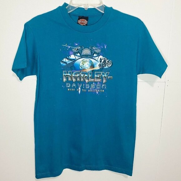 Harley Davidson Motorcycle T-Shirt Youth Large 14-16 Mark of the Millennium Teal - Picture 2 of 5